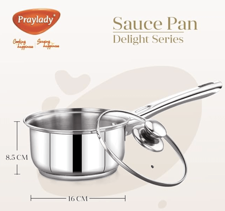 Praylady Delight Series 3 Ply Base Saucepan 16 cm | Stainless Steel Sauce Pan with Glass Lid | 1.0 litres Capacity | Induction and Gas Stove Friendly | Milk Pan with Lid |