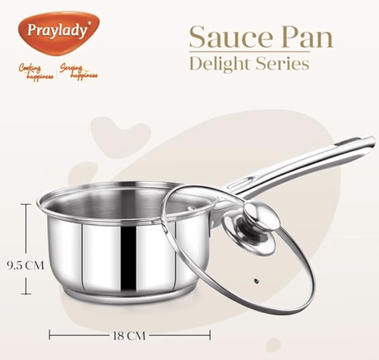 Praylady Delight Series 3 Ply Base Saucepan | Size - 18 Cm | Stainless Steel Sauce Pan with Glass Lid | 1.8 Liter Capacity | Induction and Gas Stove Friendly | Milk Pan
