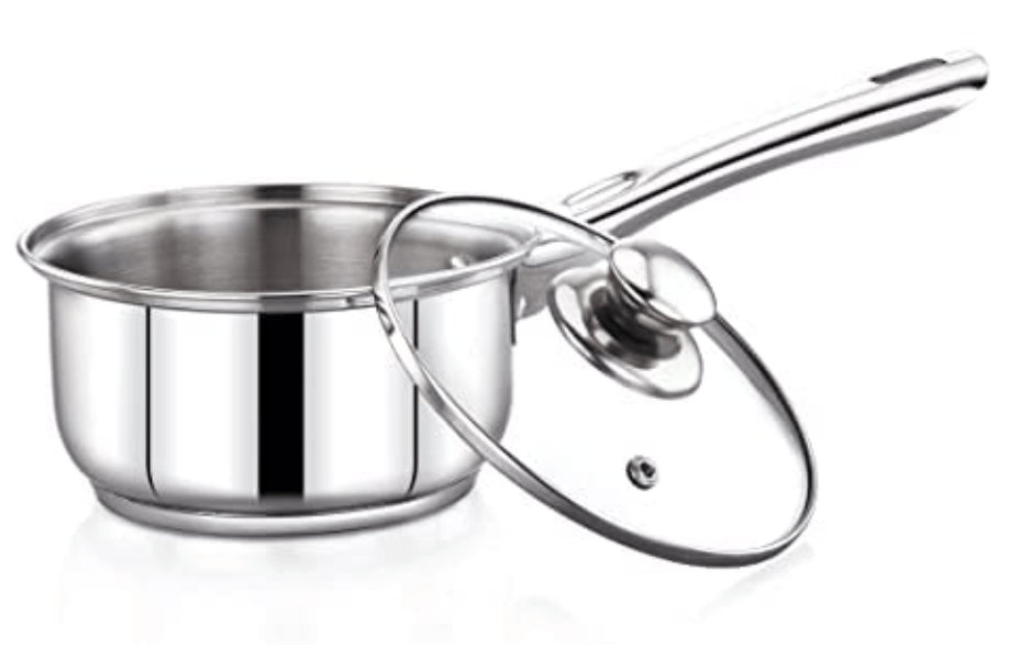 Praylady Delight Series 3 Ply Base Saucepan | Size - 18 Cm | Stainless Steel Sauce Pan with Glass Lid | 1.8 Liter Capacity | Induction and Gas Stove Friendly | Milk Pan