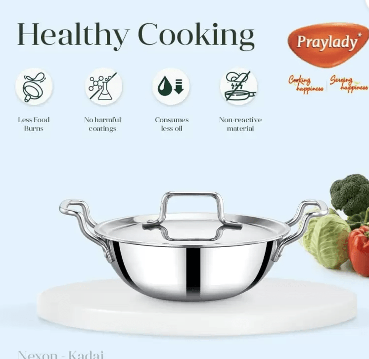 Praylady Stainless Steel Handi Casserole with Lid, Nexon Series Triply Kadai with Capacity