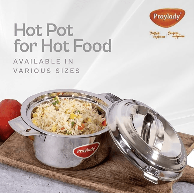 Praylady Regular Hot Pot 5000 ML | Stainless Steel Insulated | Hot Pot | Roti Container | Casserole | 100% Stainless Steel | Heat Durability | Lightweight | Unique Locking System | Specially enhance the look of the Dinning-table | Silver-3