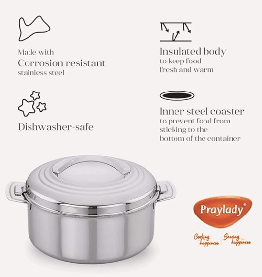 பிரேலேடி ரெகுலர் ஹாட் பாட் 5000 ML | ஸ்டெயின்லெஸ் ஸ்டீல் இன்சுலேட்டட் | ஹாட் பாட் | ரொட்டி கொள்கலன் | கேசரோல் | 100% ஸ்டெயின்லெஸ் ஸ்டீல் | வெப்ப ஆயுள் | இலகுரக | தனித்துவமான பூட்டுதல் அமைப்பு | டைனிங்-டேபிளின் தோற்றத்தை சிறப்பாக மேம்படுத்த | வெள்ளி 