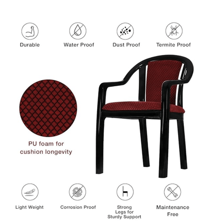 सुप्रीम ऑर्नेट लैक्क्वर्ड फ़िनिश प्लास्टिक कुर्सियाँ कुशन के साथ (लाल/काला, 1 का सेट) 