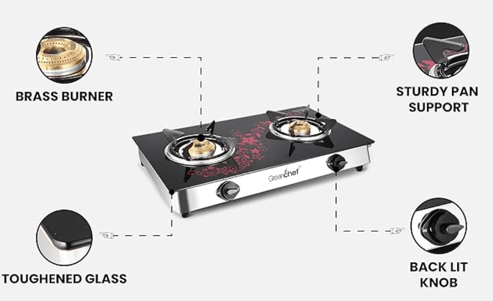 GREENCHEF Crystal Plus 2 Burner Glass Gas Stove (Black , Red), Manual