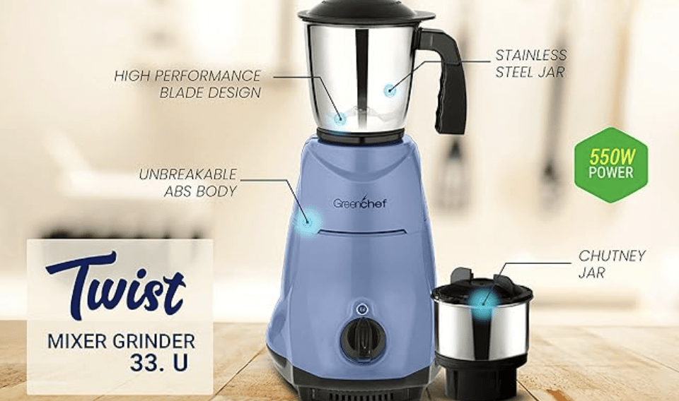 Greenchef Twist (550 Watt) Mixer Grinder with 2 Stainless Steel Jar,Blue.