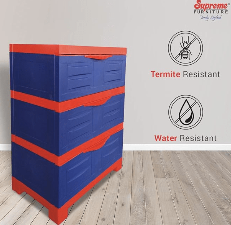 Supreme Fusion-DR-3 Multi-Purpose Plastic Chester with 3 Sliding Drawers Without Mirror for Home and Office (Coke Red & Blue), Standard-3