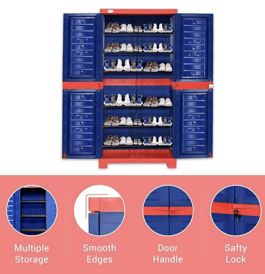 घर के लिए सुप्रीम फ्यूज़न प्लास्टिक शू रैक (मध्यम आकार, कोक लाल और नीला) 