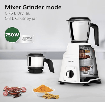 பிலிப்ஸ் மிக்சர் கிரைண்டர் 750 வாட், 3 இன் 1 (மிக்சர் கிரைண்டர் + ஜூஸர் + ஃபுட் பிராசசர்) 4 ஜாடி மற்றும் மோட்டார் 5 வருட உத்தரவாதத்துடன். (HL7763/00) 