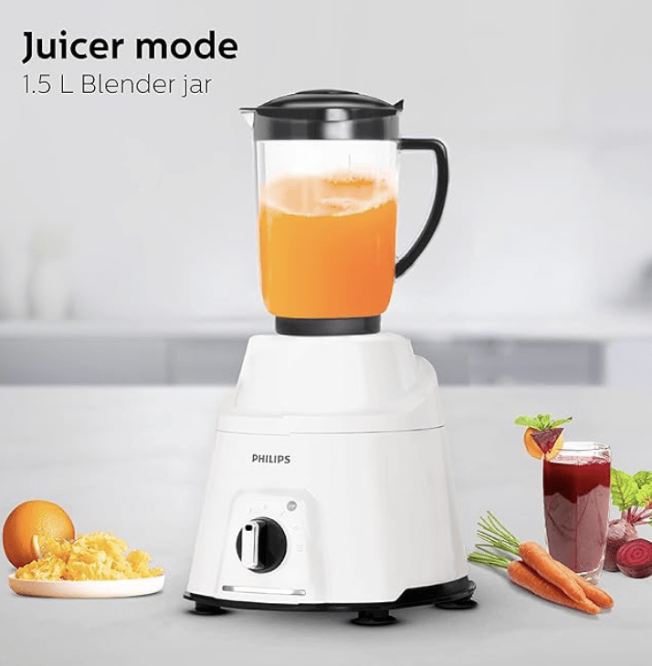 பிலிப்ஸ் மிக்சர் கிரைண்டர் 750 வாட், 3 இன் 1 (மிக்சர் கிரைண்டர் + ஜூஸர் + ஃபுட் பிராசசர்) 4 ஜாடி மற்றும் மோட்டார் 5 வருட உத்தரவாதத்துடன். (HL7763/00) 