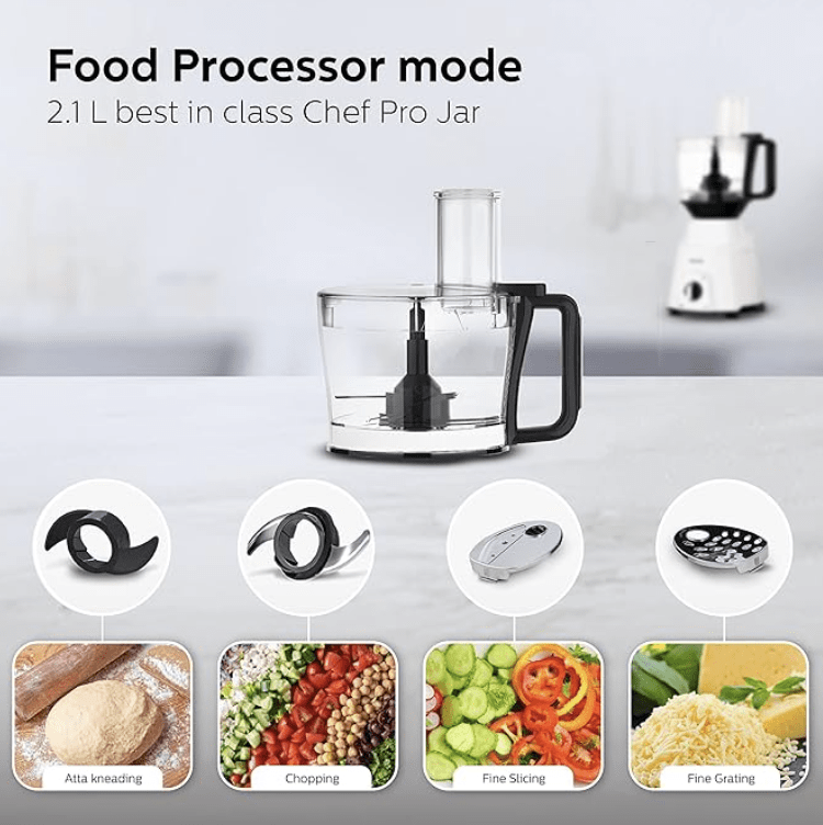 பிலிப்ஸ் மிக்சர் கிரைண்டர் 750 வாட், 3 இன் 1 (மிக்சர் கிரைண்டர் + ஜூஸர் + ஃபுட் பிராசசர்) 4 ஜாடி மற்றும் மோட்டார் 5 வருட உத்தரவாதத்துடன். (HL7763/00) 