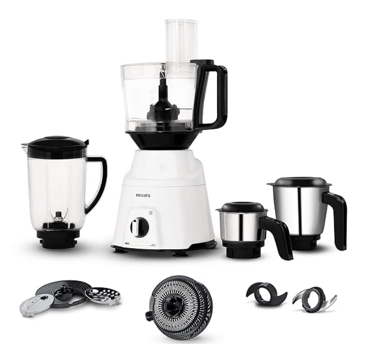 பிலிப்ஸ் மிக்சர் கிரைண்டர் 750 வாட், 3 இன் 1 (மிக்சர் கிரைண்டர் + ஜூஸர் + ஃபுட் பிராசசர்) 4 ஜாடி மற்றும் மோட்டார் 5 வருட உத்தரவாதத்துடன். (HL7763/00) 