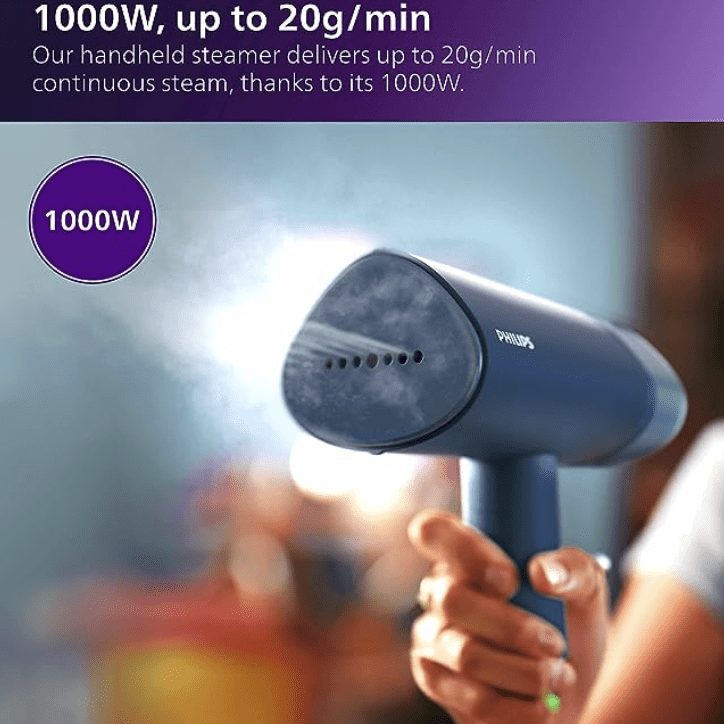 PHILIPS Handheld Garment Steamer STH3000/20 - Compact &amp; Foldable, Convenient Vertical Steaming, 1000 Watt Quick Heat Up, up to 20g/min, Kills 99.9%* Bacteria (Reno Blue), Small
