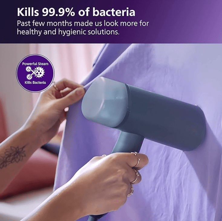 PHILIPS Handheld Garment Steamer STH3000/20 - Compact &amp; Foldable, Convenient Vertical Steaming, 1000 Watt Quick Heat Up, up to 20g/min, Kills 99.9%* Bacteria (Reno Blue), Small