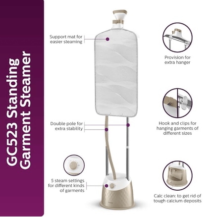 Philips EasyTouch Plus Standing Garment Steamer GC523/60 - 1600 Watt, 5 Steam Settings, Up to 32 g/min steam, with Double Pole