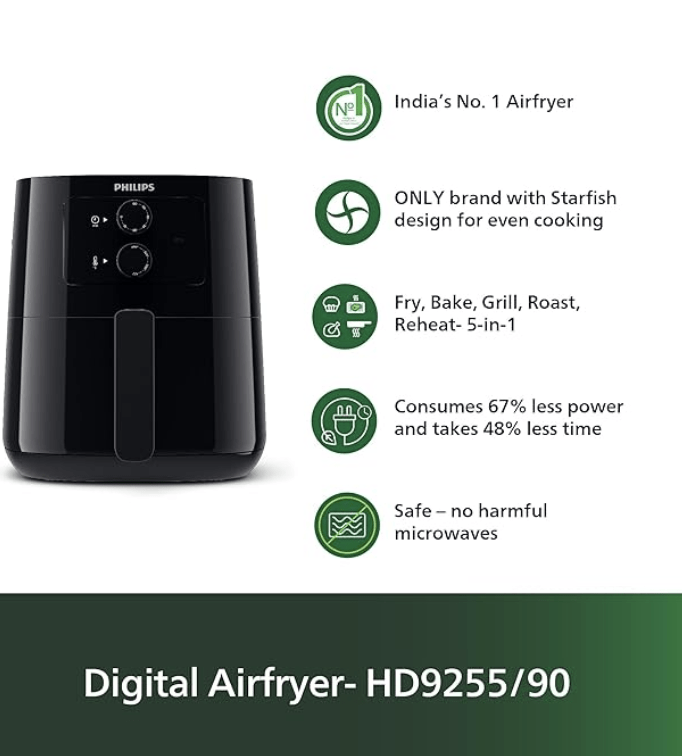 PHILIPS Digital Connected Smart Air Fryer–India’s No.1 Air Fryer Brand, Voice assistant control and Touch Panel,Wifi enabled,Uses upto 90% less fat,13-in-1 cooking functions,4.1 Liter,Black(HD9255/90)