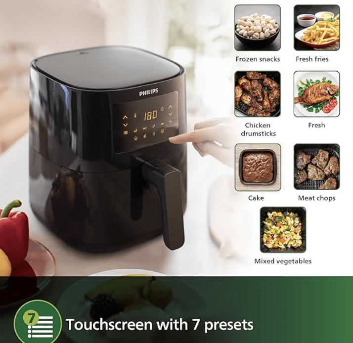 PHILIPS Digital Air Fryer HD9252/90 with Touch Panel, uses up to 90% less fat, 7 Pre-set Menu, 1400W, 4.1 Liter, with Rapid Air Technology (Black), Large