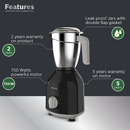 Philips HL7759/00 Mixer Grinder, 750W Turbo Motor, 4 Jars (Black), Edged blade made of superior SS304 material, Quick cool ventilation for longer motor life