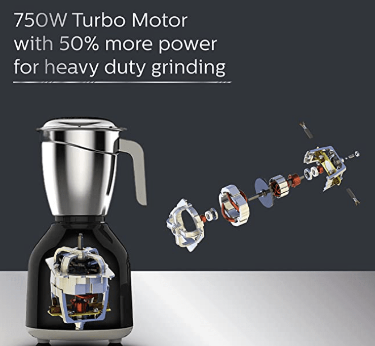 Philips HL7759/00 Mixer Grinder, 750W Turbo Motor, 4 Jars (Black), Edged blade made of superior SS304 material, Quick cool ventilation for longer motor life