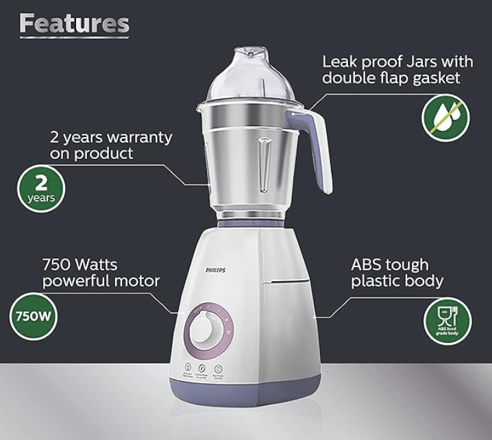 Philips Viva Collection HL7701/00 Mixer Grinder, 750 Watts, 4 Jars (Elegant Lavender and White)