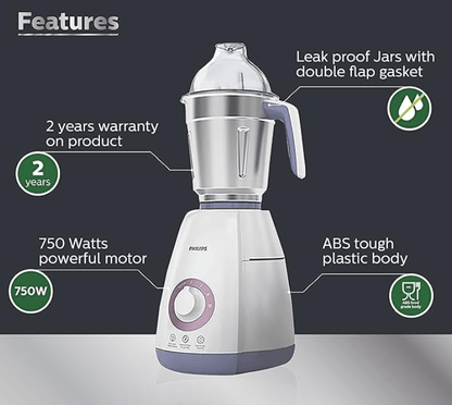 Philips Viva Collection HL7701/00 Mixer Grinder, 750 Watts, 4 Jars (Elegant Lavender and White)