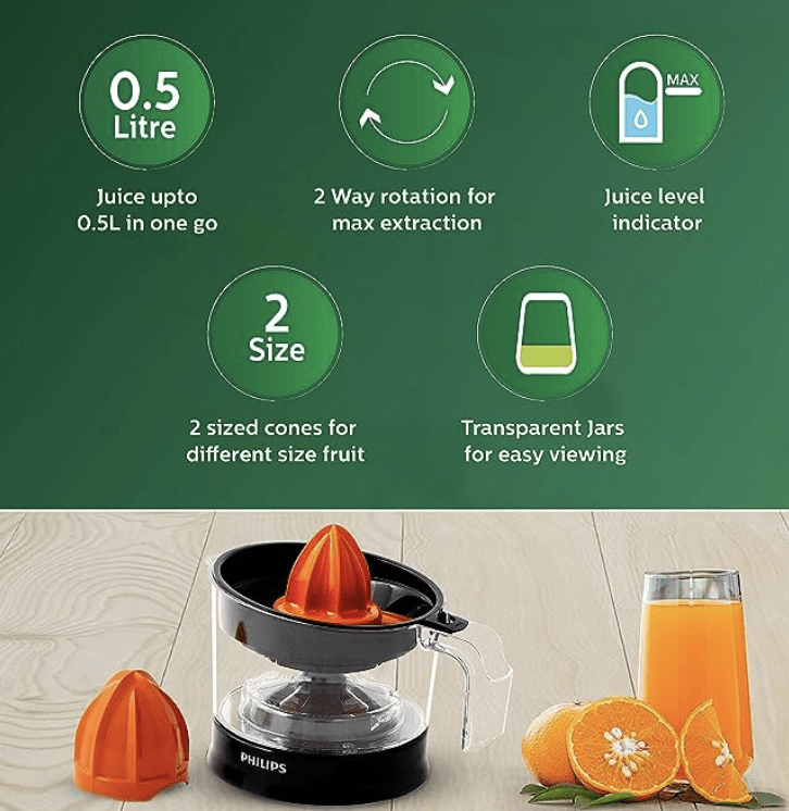 பிலிப்ஸ் சிட்ரஸ் பிரஸ் ஜூஸர் HR2777/00, கருப்பு &amp; டிரான்ஸ்பரன்ட், நடுத்தரம் 