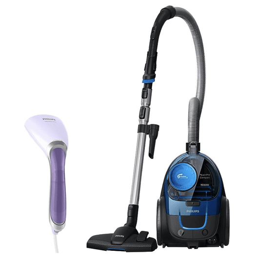 PHILIPS PowerPro FC9352/01 Compact Bagless Vacuum Cleaner (Blue) Handheld Garment Steamer GC360/30 - Vertical &amp; Horizontal Steaming, 1200 Watt, up to 22g/min