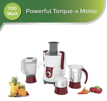 பிலிப்ஸ் விவா HL7715 700-வாட் ஜூஸர் மிக்சர் கிரைண்டர் 3 ஜாடிகளுடன் (பிஸ்டில் சிவப்பு/வெள்ளை) 