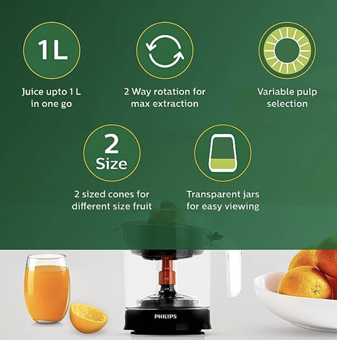 பிலிப்ஸ் சிட்ரஸ் பிரஸ் ஜூஸர் HR2799/00, கருப்பு &amp; டிரான்ஸ்பரன்ட், பெரியது