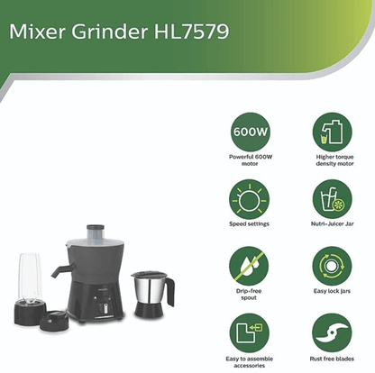 Philips HL7579/00 600W Juicer Mixer Grinder with 1 Nutri Juicer jar, 1 Blend &amp; Carry Jar &amp; 1 SS Multipurpose Jar