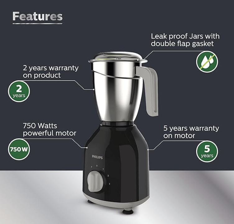 Philips HL7756/00 Mixer Grinder 750 Watt, 3 Stainless Steel Multipurpose Jars with 3 Speed Control and Pulse function (Black)