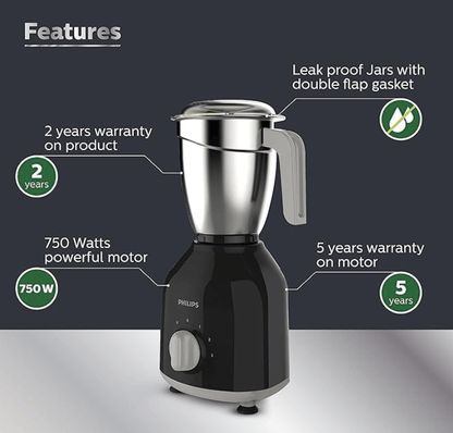 Philips HL7756/00 Mixer Grinder 750 Watt, 3 Stainless Steel Multipurpose Jars with 3 Speed Control and Pulse function (Black)