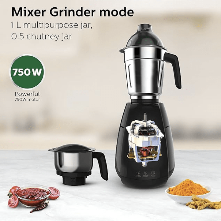 PHILIPS Mixer Grinder 3-in-1 750 Watt (Mixer Grinder + Juicer + Food Processor) 4 Jar, (HL7707/00)