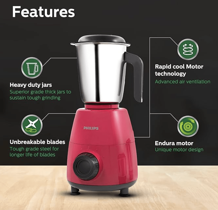 Philips HL7505/02 Mixer Grinder, 500W Endura Motor with rapid cool motor technology, 3 heavy duty and leak proof Jars-3