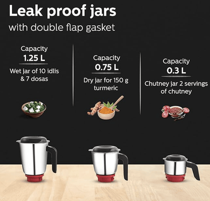 பிலிப்ஸ் HL7505/02 மிக்சர் கிரைண்டர், ரேபிட் கூல் மோட்டார் தொழில்நுட்பத்துடன் கூடிய 500W எண்டுரா மோட்டார், 3 ஹெவி டியூட்டி மற்றும் லீக் ப்ரூஃப் ஜாடிகள் 