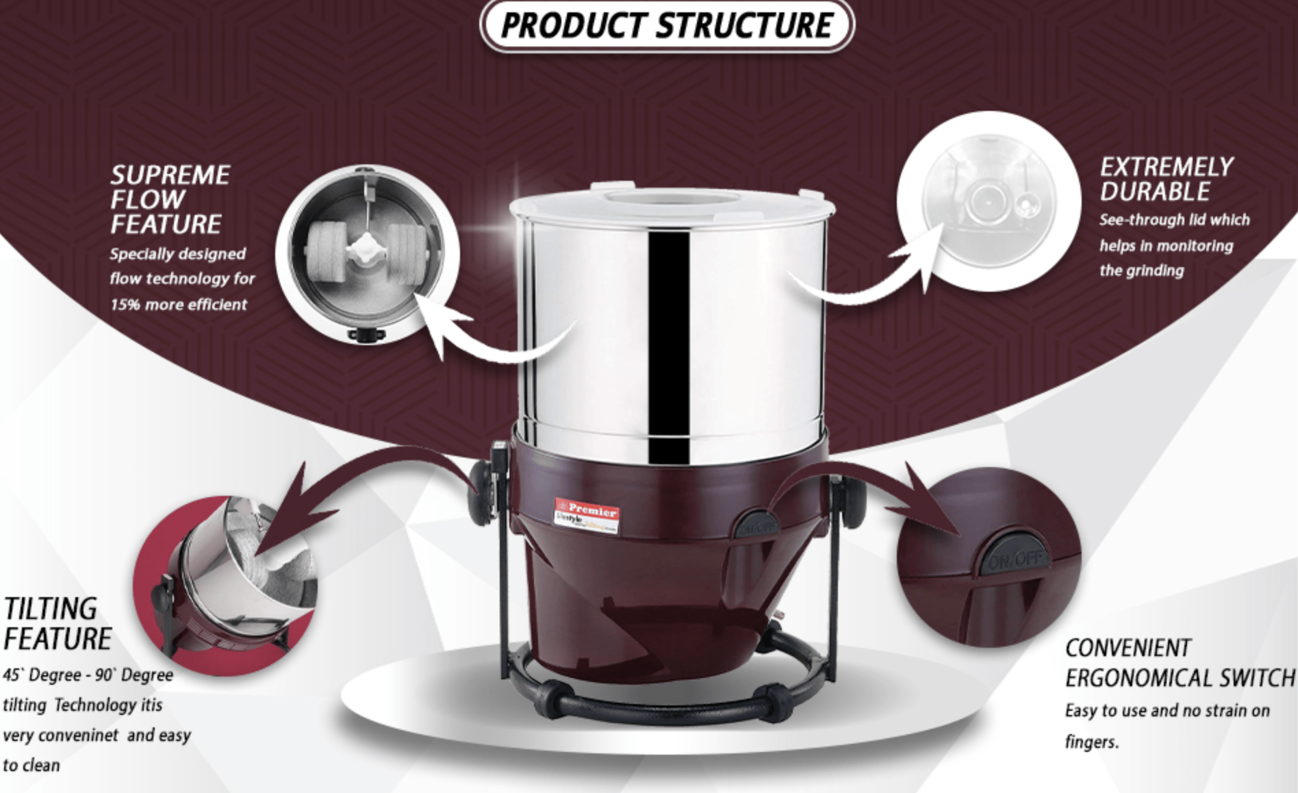 Premier Lifestyle Tilting Wet Grinder 200W PG 502-5