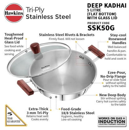 Hawkins 5 Litre Deep Kadhai, Triply Stainless Steel Kadai with Glass Lid, Flat Bottom Induction Deep Kadhai, Big Kadai, Silver (SSK50G)