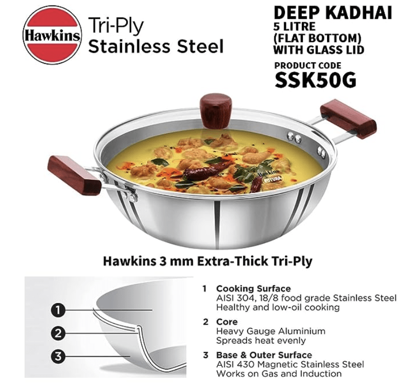 Hawkins 5 Litre Deep Kadhai, Triply Stainless Steel Kadai with Glass Lid, Flat Bottom Induction Deep Kadhai, Big Kadai, Silver (SSK50G)