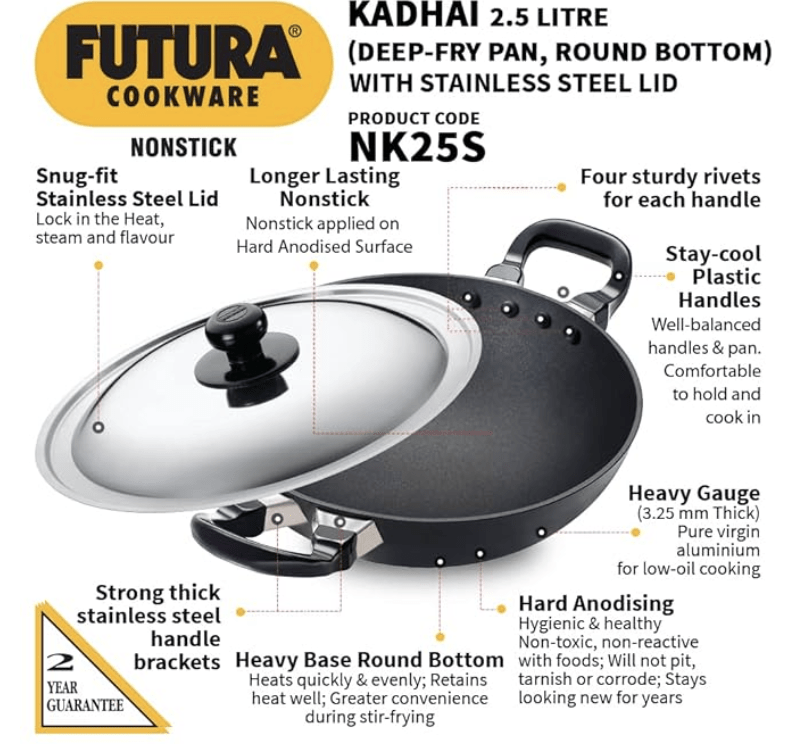 Hawkins Futura Nonstick Kadhai 2.5 L, 26 cm, 3.25 mm with SS lid (Black)