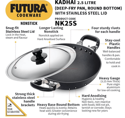 Hawkins Futura Nonstick Kadhai 2.5 L, 26 cm, 3.25 mm with SS lid (Black)