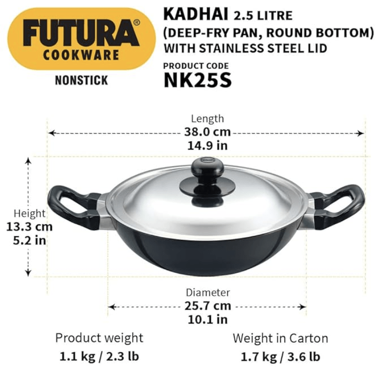 Hawkins Futura Nonstick Kadhai 2.5 L, 26 cm, 3.25 mm with SS lid (Black)