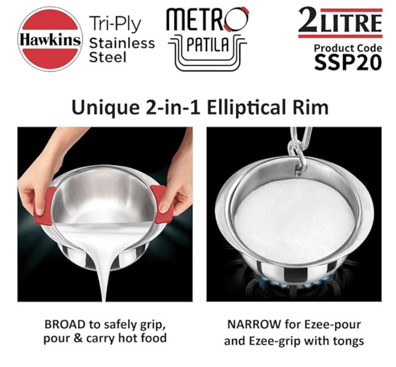 Hawkins 2 Litre Metro Patila, Triply Stainless Steel Tope, Induction Bhagona, Tapeli, Silver (SSP20)-3