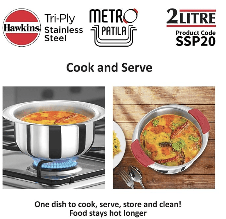 Hawkins 2 Litre Metro Patila, Triply Stainless Steel Tope, Induction Bhagona, Tapeli, Silver (SSP20)-2