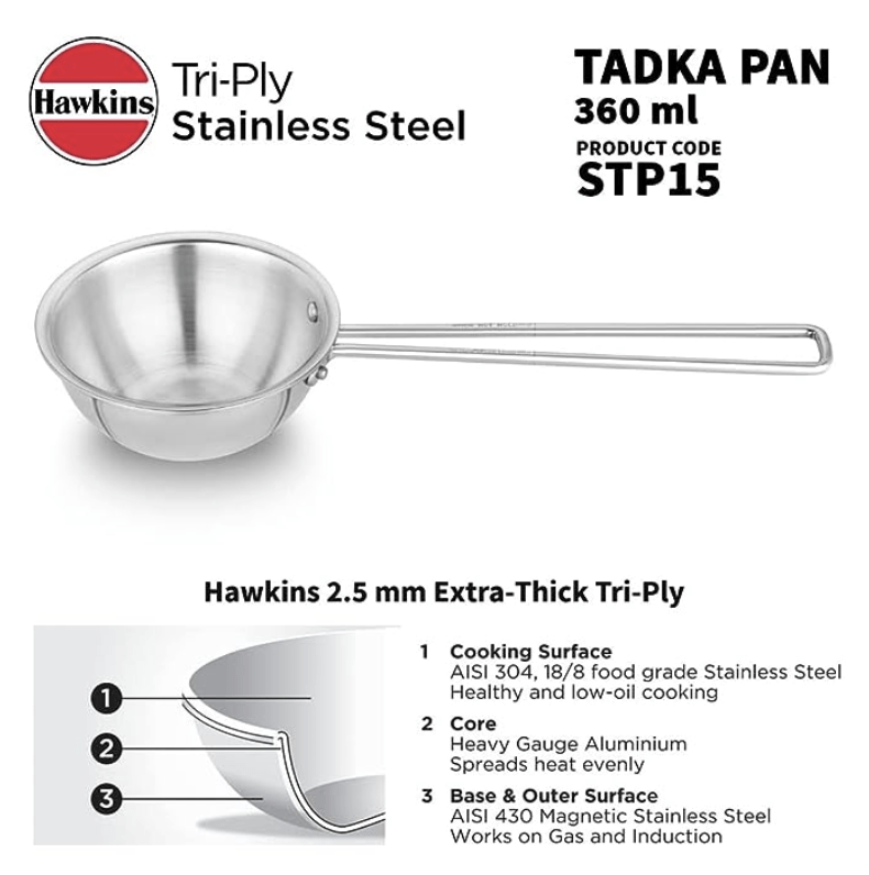 Hawkins 1.5 Cup Tadka Pan, Triply Stainless Steel Pan, Silver (STP15)