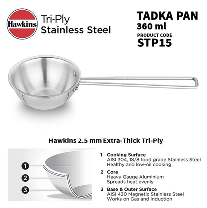 Hawkins 1.5 Cup Tadka Pan, Triply Stainless Steel Pan, Silver (STP15)