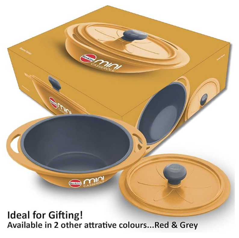 ஹாக்கின்ஸ் 0.75 லிட்டர் மினி கேசரோல் மூடியுடன், சமைப்பதற்கும், மீண்டும் சூடுபடுத்துவதற்கும், பரிமாறுவதற்கும் மற்றும் சேமிப்பதற்கும் வட்டத் தொடர் டை-காஸ்ட் பான், மஞ்சள் (MCRY75) 