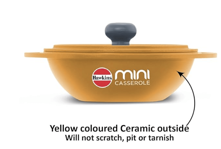 ஹாக்கின்ஸ் 0.75 லிட்டர் மினி கேசரோல் மூடியுடன், சமைப்பதற்கும், மீண்டும் சூடுபடுத்துவதற்கும், பரிமாறுவதற்கும் மற்றும் சேமிப்பதற்கும் வட்டத் தொடர் டை-காஸ்ட் பான், மஞ்சள் (MCRY75) 