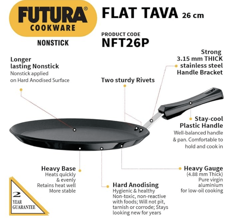 Hawkins Futura 26 cm Flat Tava, Non Stick Tawa with Plastic Handle, Tawa with Rim, Pancake Pan, Flat Pan, Black (NFT26P)