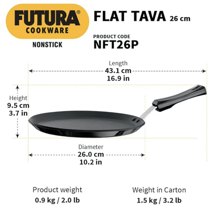 Hawkins Futura 26 cm Flat Tava, Non Stick Tawa with Plastic Handle, Tawa with Rim, Pancake Pan, Flat Pan, Black (NFT26P)