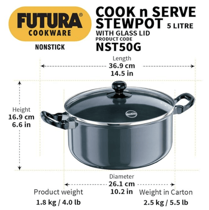 Hawkins Futura 5 Litre Cook n Serve Stewpot, Non Stick Pot with Glass Lid, Cooking Pot with Lid, Black (NST50G)