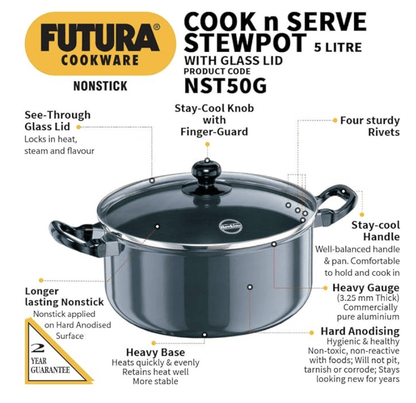 Hawkins Futura 5 Litre Cook n Serve Stewpot, Non Stick Pot with Glass Lid, Cooking Pot with Lid, Black (NST50G)